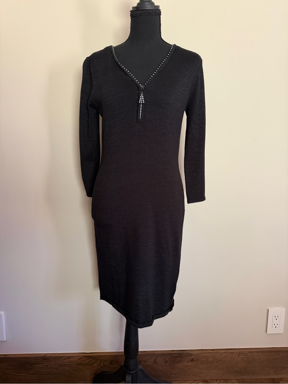 Allison Brittney Black Rhinestone-Trim Zip-Front Knit Dress